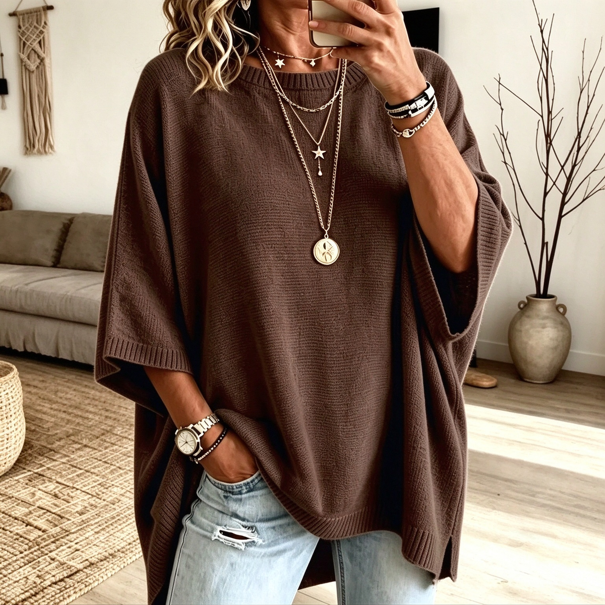 Women’s Oversized Short-Sleeve Knit Sweater