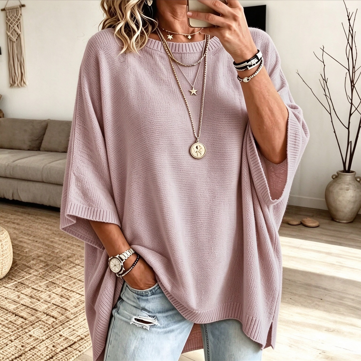 Women’s Oversized Short-Sleeve Knit Sweater