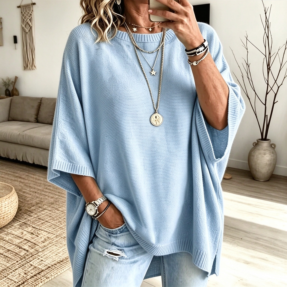 Women’s Oversized Short-Sleeve Knit Sweater
