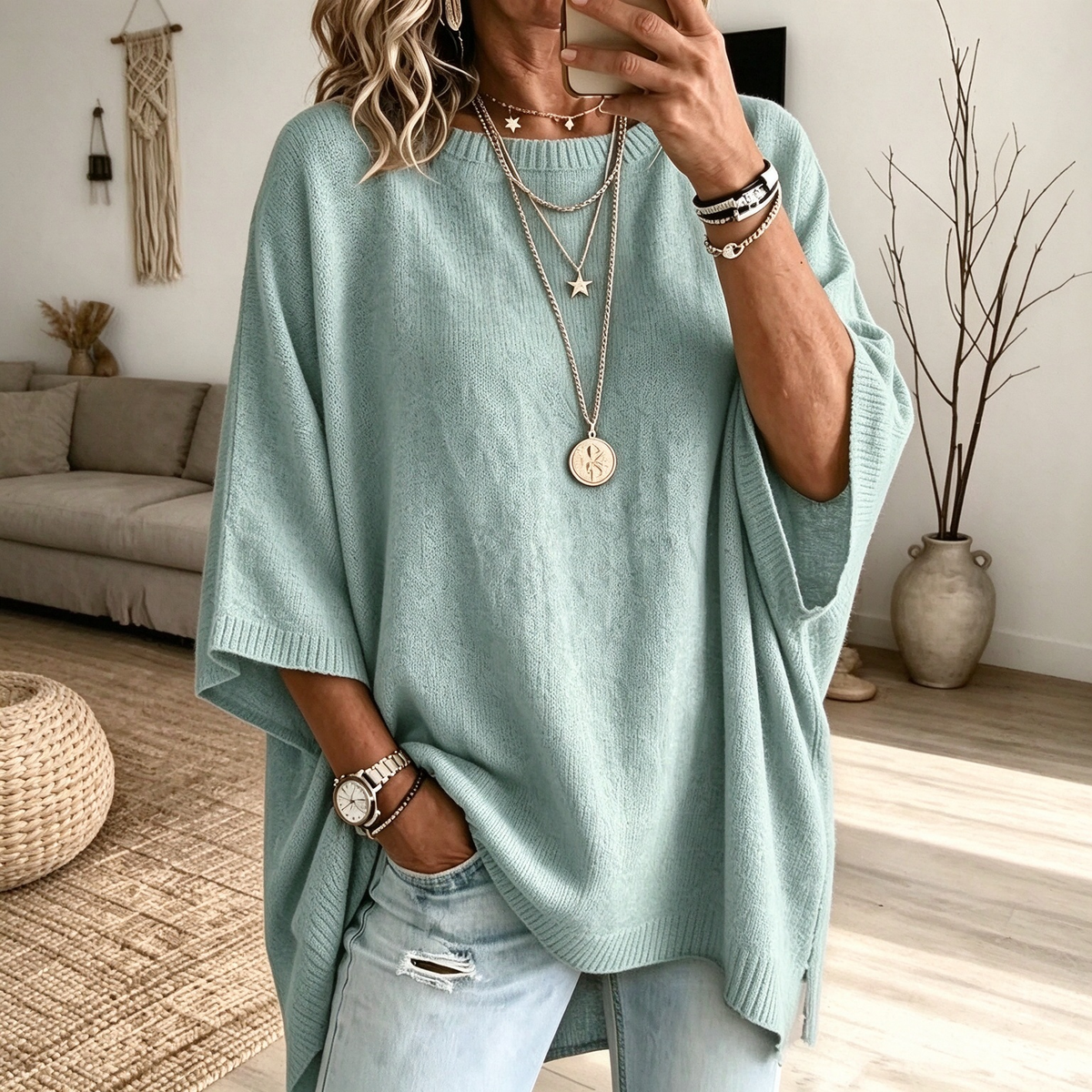 Women’s Oversized Short-Sleeve Knit Sweater