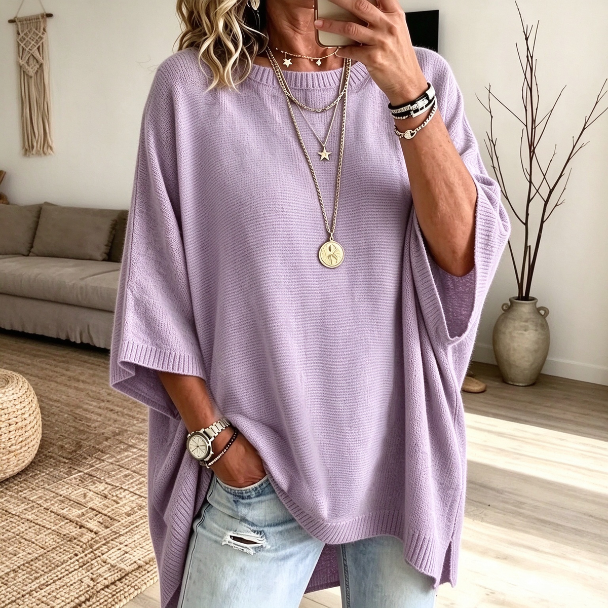 Women’s Oversized Short-Sleeve Knit Sweater