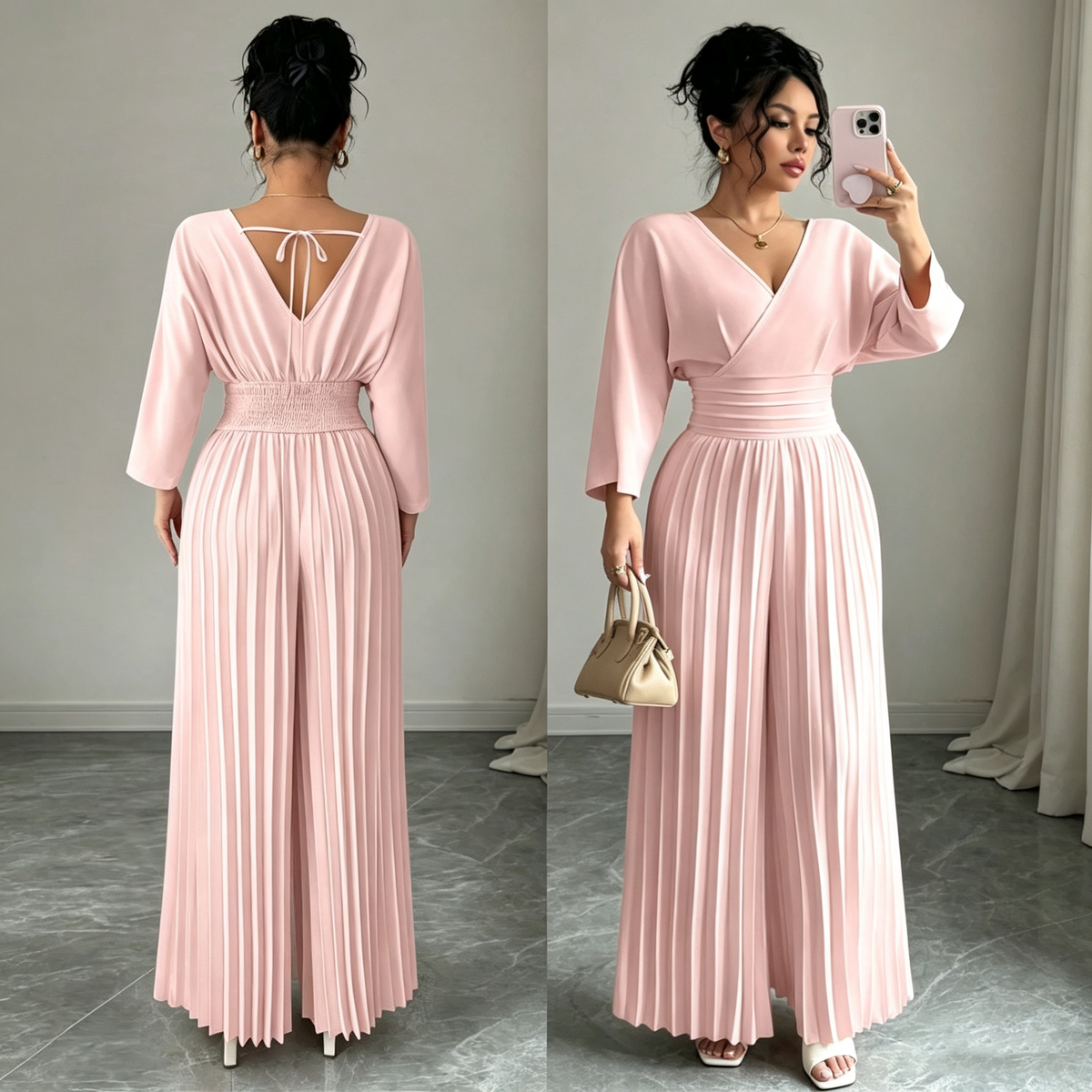 Elegant V-Neck Pleated Maxi Dress