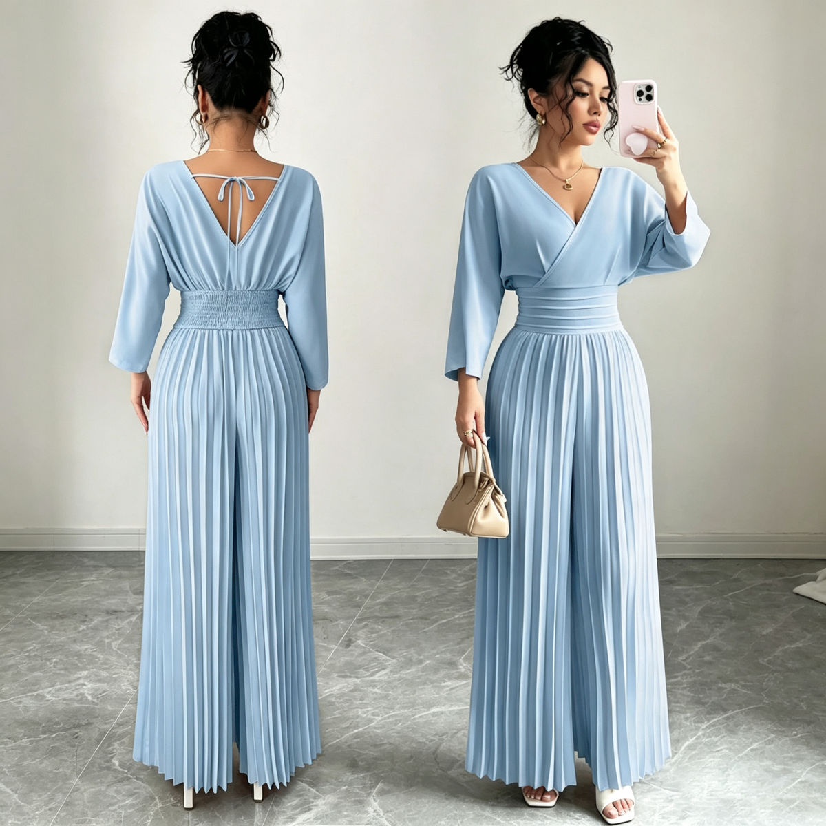 Elegant V-Neck Pleated Maxi Dress