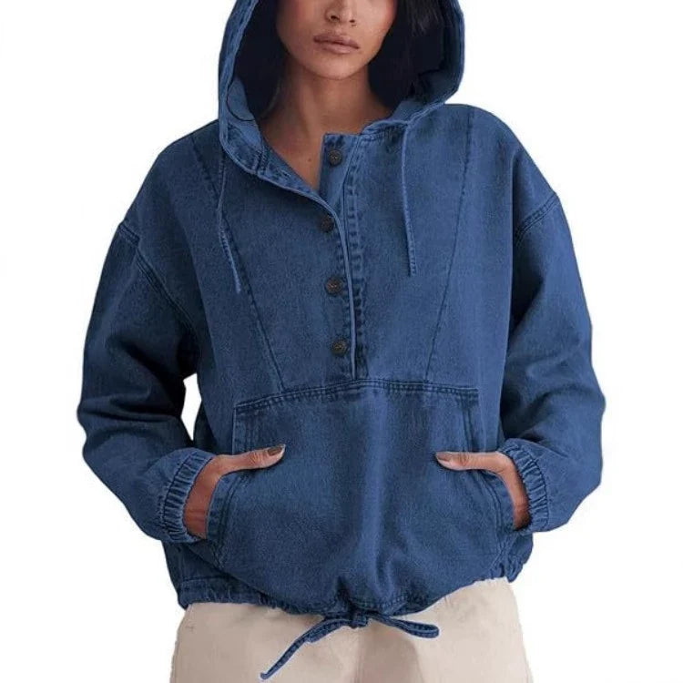 Women's Collared Long Sleeve Button-Front Denim Jacket
