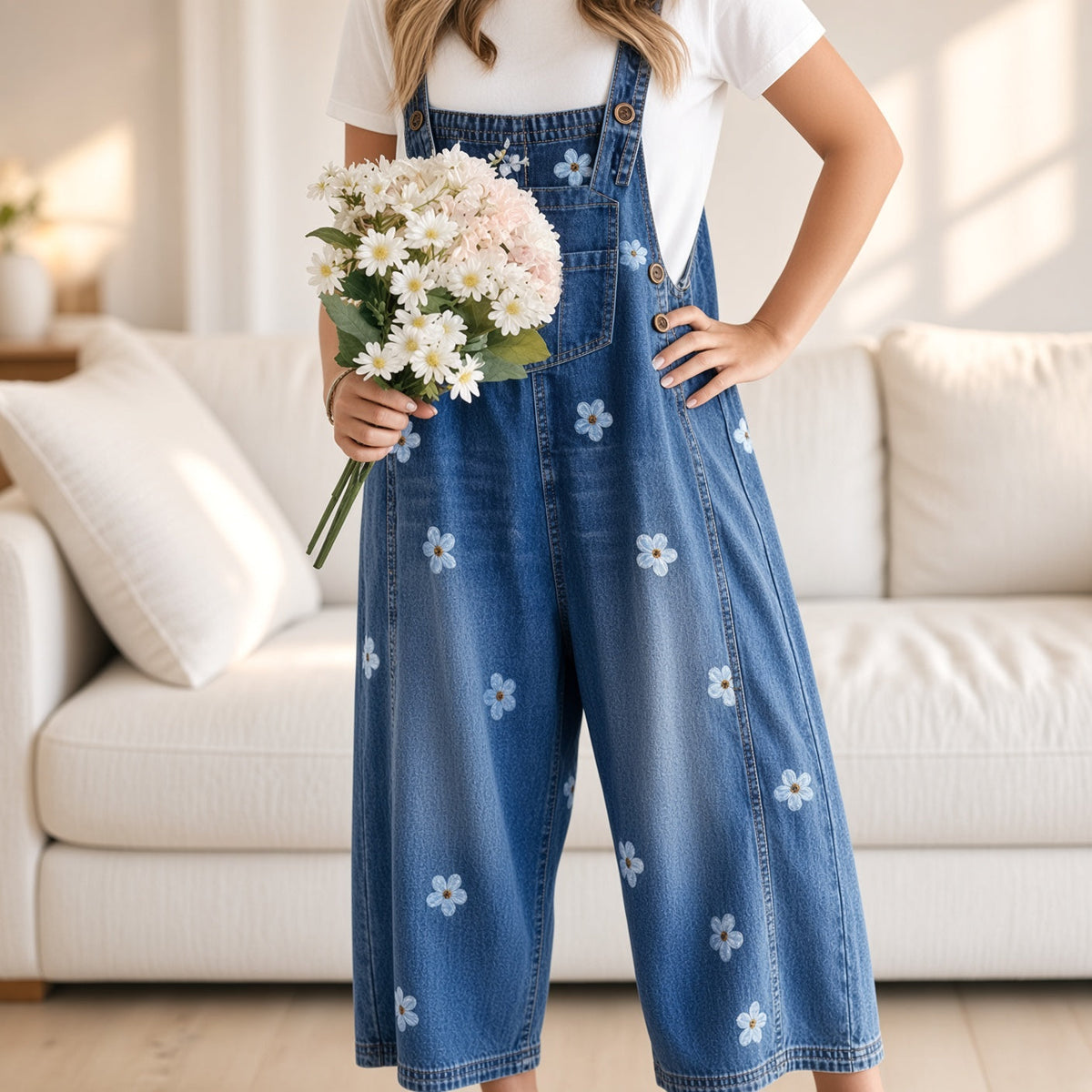 Luna Floral Embroidered Denim Overalls